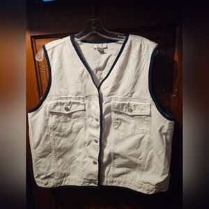 Vtg Y2K Nautical White Cotton Vest with Navy Trim